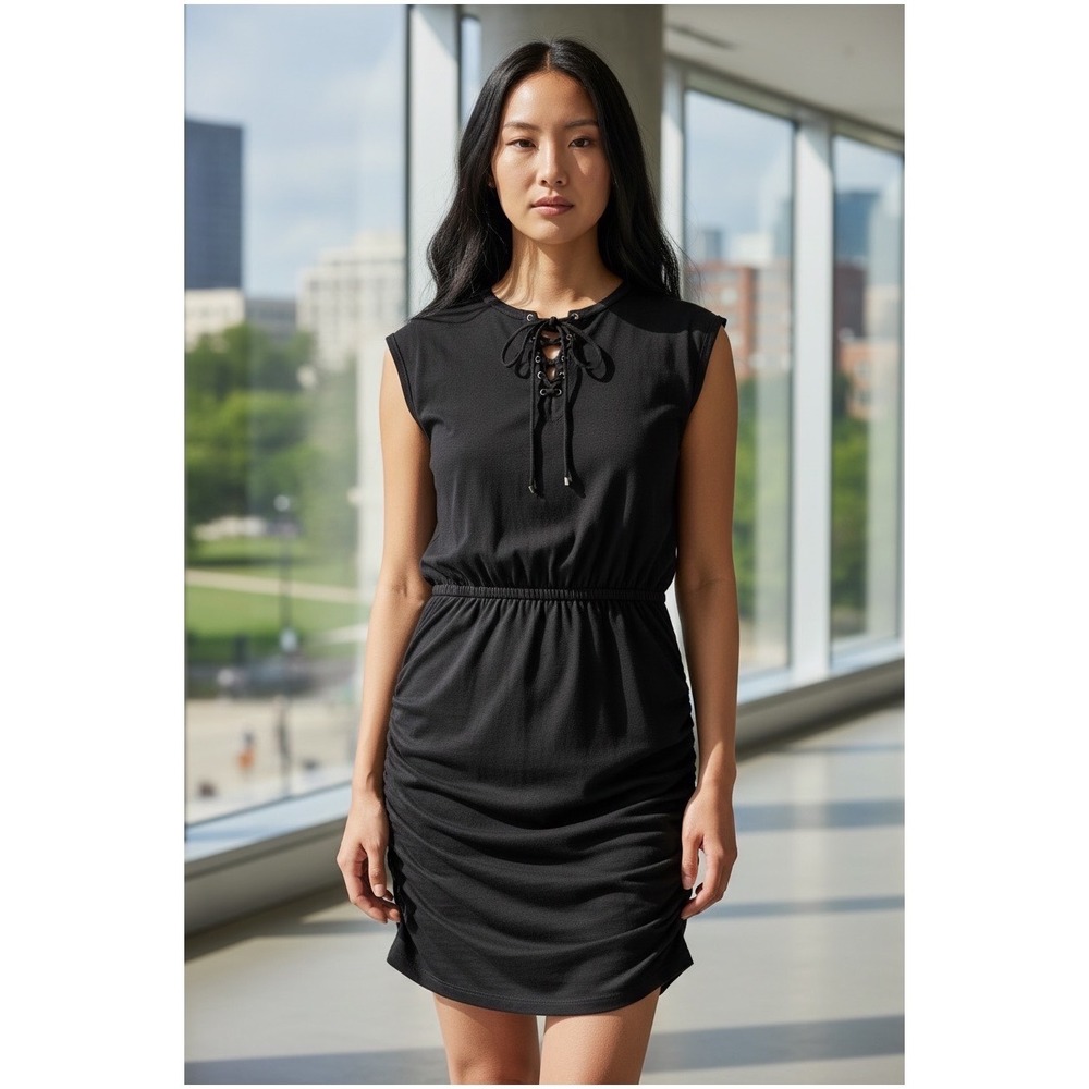 Velvet by Graham & Spencer Black Vintage Slub Lace‎ Up Ruched Mini Dress Small